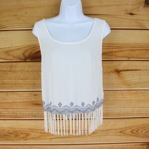 Mine Sheer Tank‎ Top Blouse Womens L White Embroidered Geometric Pattern Fringe